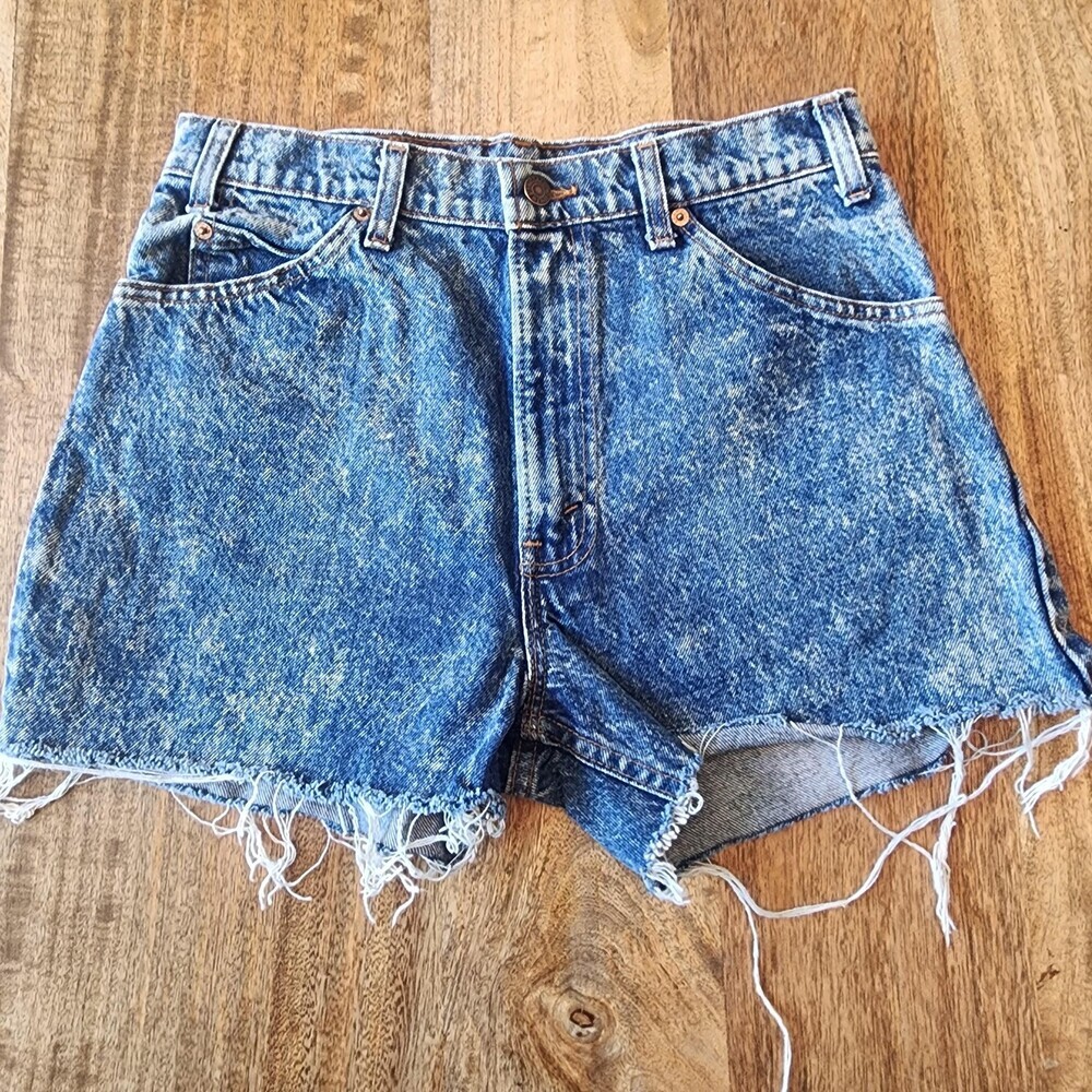 Levi's 550 Shorts Womens 32 Blue Acid Wash Denim Cutoff Bermuda Orange Tab